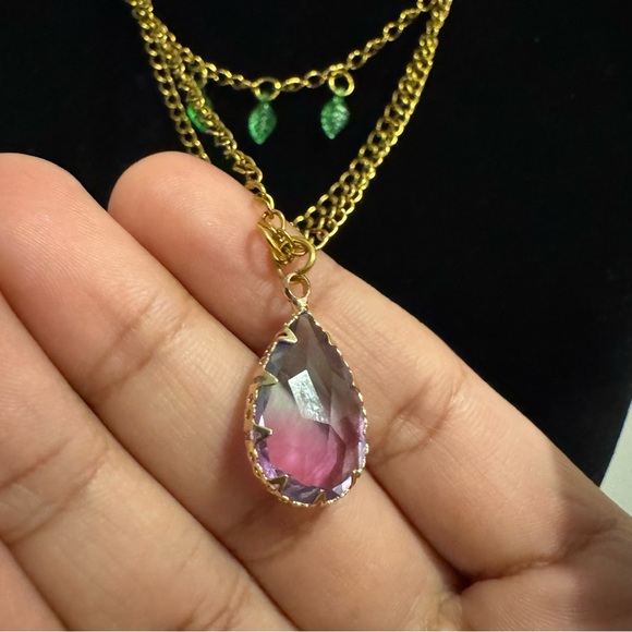 Fairycore Purple Ombre Crystal Pendant Green Leaf Necklace - Picture 11 of 16